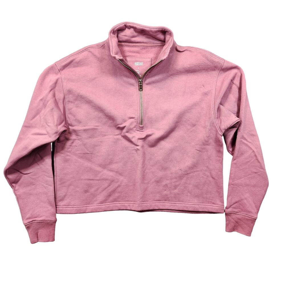 Girlfriend Collective Womens Top Medium Pink 1/2 Zip Pullover Cropped Sweatshirt